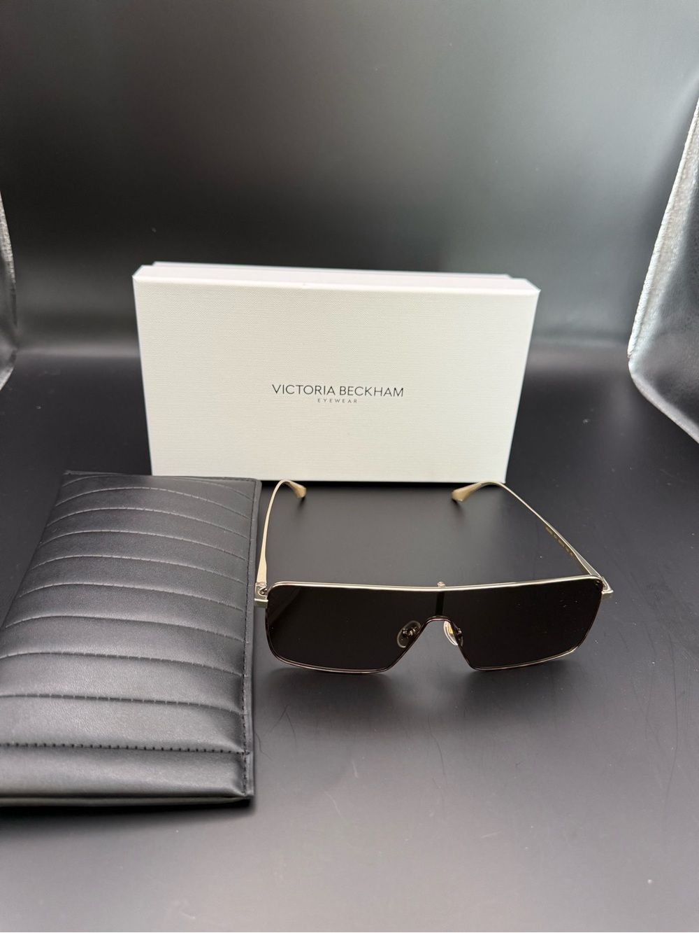 Victoria Beckham Gold Frame Black Lens Shield Sunglasses with Case